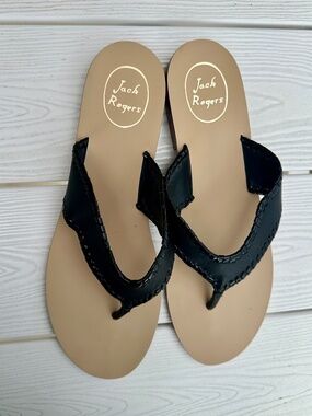 Jack Rogers "Black Jacks" Whipstitch Flat Sandals, Size 9.5